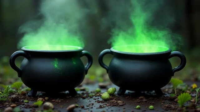 Two mystical cauldrons with bubbling green potion for Halloween preparation