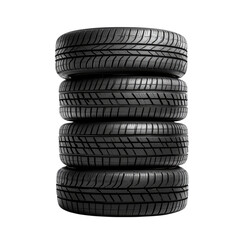 An ultra-realistic photograph of four new tires stacked on top of each other, with the wheels facing forward and isolated against a white background. transparent, alpha background png