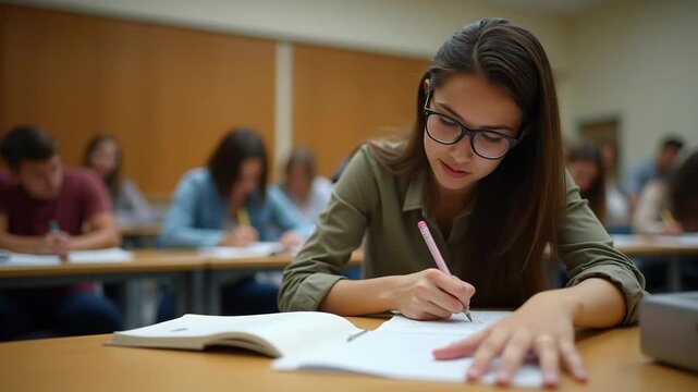 An over-the-shoulder perspective of a student taking a test, emphasizing individual focus amidst a classroom of peers during an examination.
