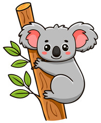 Fototapeta premium Cute cartoon Koala Bear holding on to a tree, isolated 