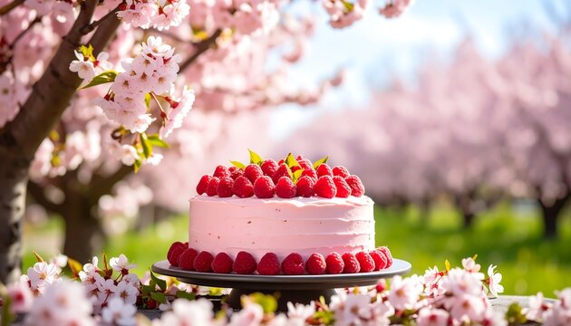 Pink cake amongst pink blossoms