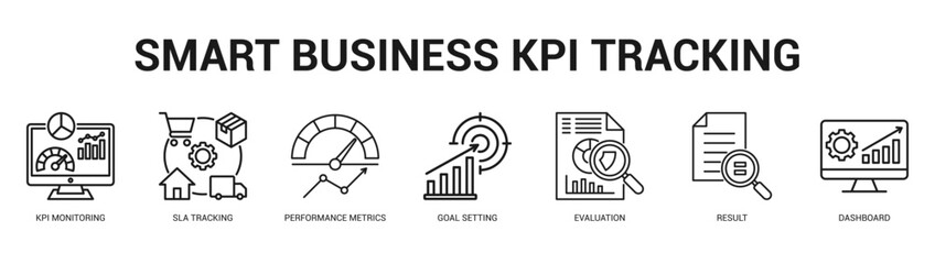 Smart Business KPI Tracking Modern and clean web banner illustration featuring thematic icons for visual communication