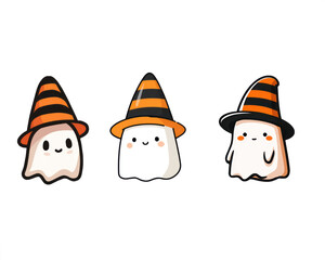 Cute, kawaii ghost with a witch hat, a simple vector illustration on transparent background	