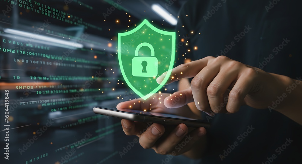 Poster protecting digital information with a smartphone and security shield icon
