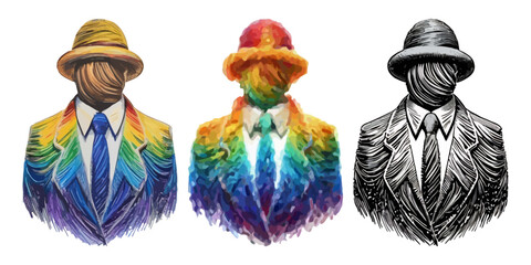 Colorful suit figure in straw hat, rainbow attire fedora style, bold multicolored jacket monochrome portraits.