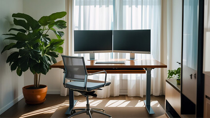 Modern minimalist home office workspace with dual monitors, ergonomic chair, and large potted plant, bathed in natural sunlight streaming through sheer curtains.