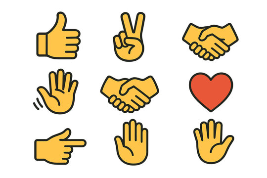 Hand gestures icon set. Vector emoji collection for web, app UI. Includes thumbs up, like, peace, handshake, agreement, deal, love, heart, pointing, waving, stop, high five.