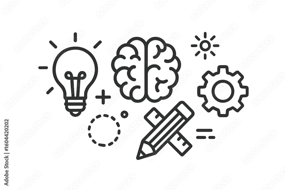 Poster creative process and innovation icon set. lightbulb for idea, brain for thinking, gear for developme