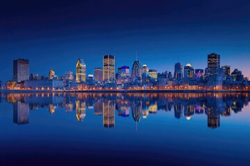 Fototapeta premium City skyline at twilight, reflected in water