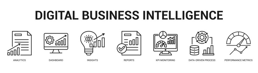 Digital Business Intelligence Modern and clean web banner illustration featuring thematic icons for visual communication