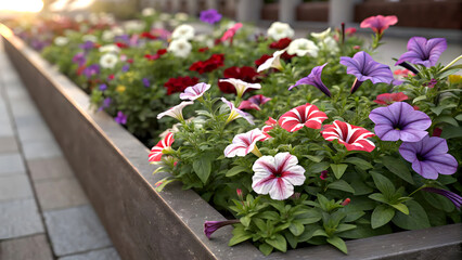 Lush Garden Bed Filled with Purple Petunias