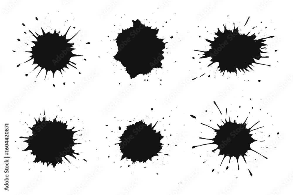 Poster ink splatter set. black ink blot. grunge paint splash. abstract messy stain shape. liquid drop colle