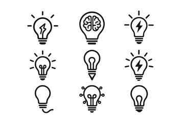 Light bulb icon vector set. Creative lightbulb collection for innovation, idea, solution, and brainstorming concepts. Electricity and energy symbol. Brain in a lamp.