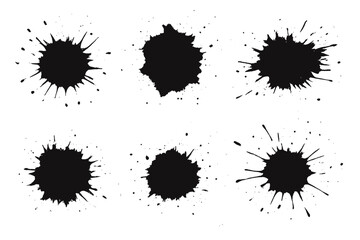 Ink splatter set. Black ink blot. Grunge paint splash. Abstract messy stain shape. Liquid drop collection. Spray texture. Artistic vector design element. Isolated background.
