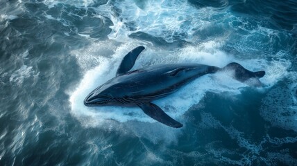 Naklejka premium A massive whale navigates through turquoise waters, creating splashes as it moves gracefully.