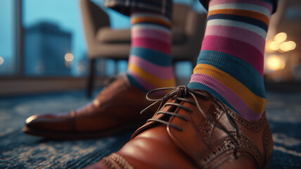 Business casual flair with colorful mismatched socks in a modern office