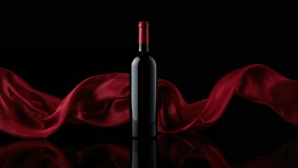 Naklejka premium Black background with a bottle of red wine and swaths of cloth