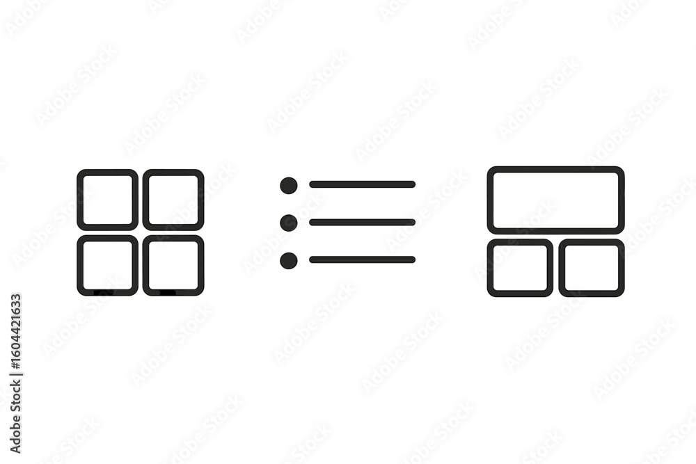 Poster grid, list, and layout view options icon set. user interface symbols for modern web and app design. 
