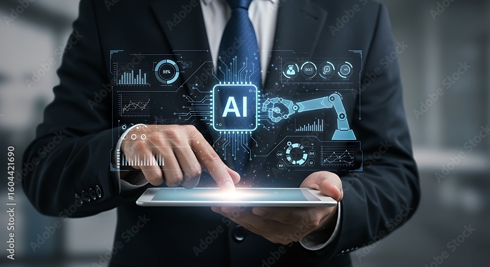 Poster businessman interacting with tablet showing ai chip robotic arm and data charts symbolizing artifici
