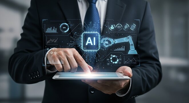 Businessman interacting with tablet showing ai chip robotic arm and data charts symbolizing artificial intelligence