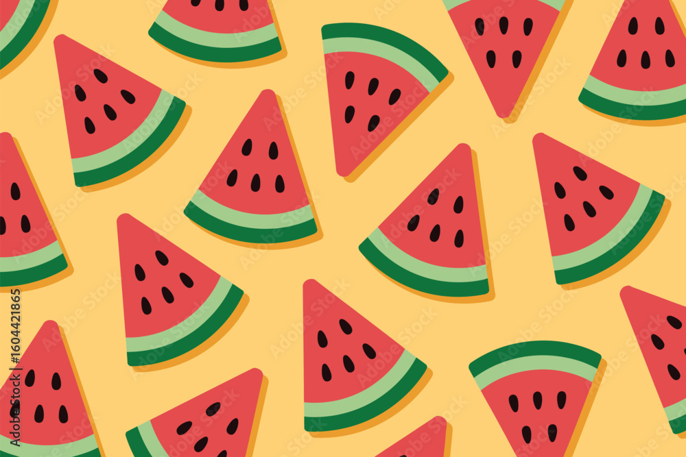 Poster a seamless pattern of watermelon slices with black seeds on a yellow background in a flat vector sty