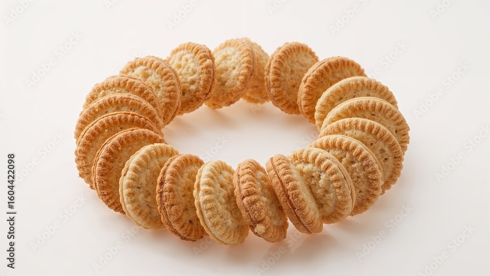 Poster biscuits piled in a circular form on a plain white backdrop