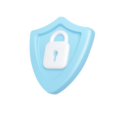 3D Render: Pastel Blue Shield with White Padlock; Secure Data Concept; Modern, Minimalist Style