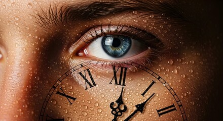 A man's face covered in sweat drops with a clock face overlay. Concept of time pressure, deadline, urgency, or hard work.