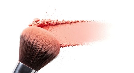 Close up of a makeup brush with a swatch of blush powder on white background