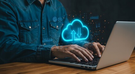 Person using a laptop with a glowing cloud icon and data streams representing cloud computing and digital transformation