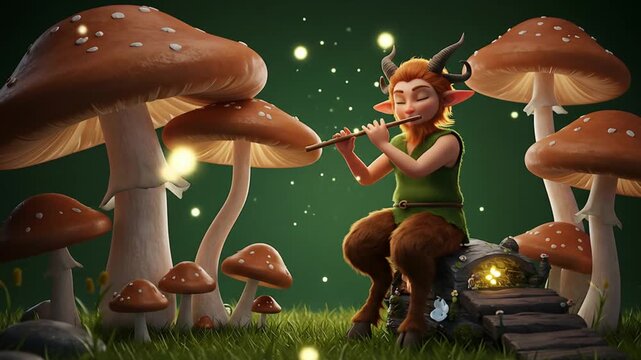 Enchanting Faun Plays Flute Amidst Giant Magical Mushrooms and Glowing Fireflies in a Mystical Forest