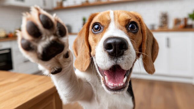 A Beagle dog giving a paw, sitting in a kitchen, with mouth open, looking at the camera. - Powered by Adobe