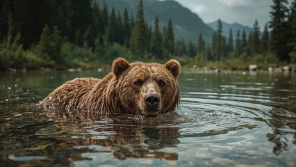 Brown Bear Relaxing in a Tranquil Pond Amidst Remote Nature