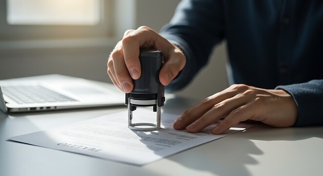 Hand Holding Gray Stamp Over Legal Document on Bright Desk