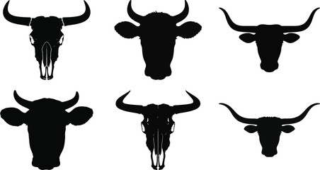 Bull and cow head silhouette vector collection with skull and horn illustration set isolated on white background for design and decoration.
