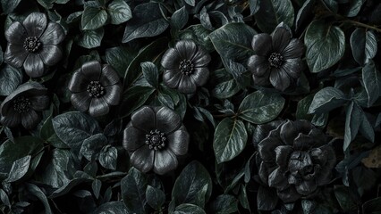 Fototapeta premium Detailed macro view of white plaster flower ornaments with natural foliage