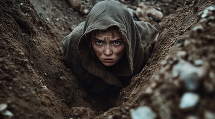 photo beautiful girl in a hole in the ground.Generative AI