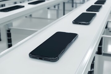 Smartphones on assembly line, ready for packaging, in modern factory setting, showcasing advanced manufacturing process.