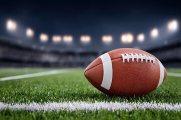 Football on a field, in a stadium at night, illuminated by stadium lights, ready for the game.