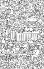Detailed doodle art of a bustling cafe with people enjoying cakes and coffee, a coloring page