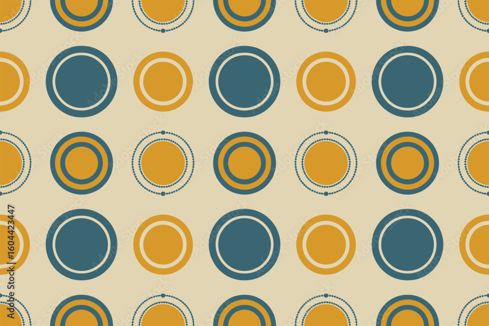Poster a repeating pattern of gold circles with dots and blue circles on a beige background creating a desi