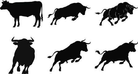 Bull and cow silhouette vector collection with running bull and standing cow illustration set isolated on white background for design and decoration.