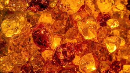 Close-up of a rough, unpolished amber specimen showing colorful yellow, orange, and red textures with detailed inclusions