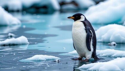 Obraz premium this image captures a penguin standing amidst ice floes, appearing to be moving through them. the background is composed of icy landscape with cold colors predominant