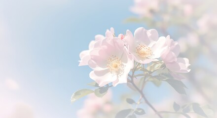 Obraz premium Pale Pink Flowers Blooming Against Soft Blue Sky Background