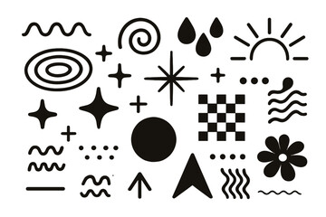 Big set of black abstract geometric shapes. Collection of brutalist minimalist forms. Hand drawn doodle vector elements for design. Modern trendy Y2K style symbols.