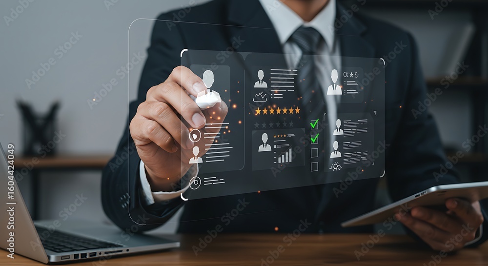 Poster businessman using tablet and stylus to interact with holographic candidate profiles and performance 