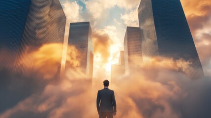 photo man against the backdrop of skyscrapers.Generative AI