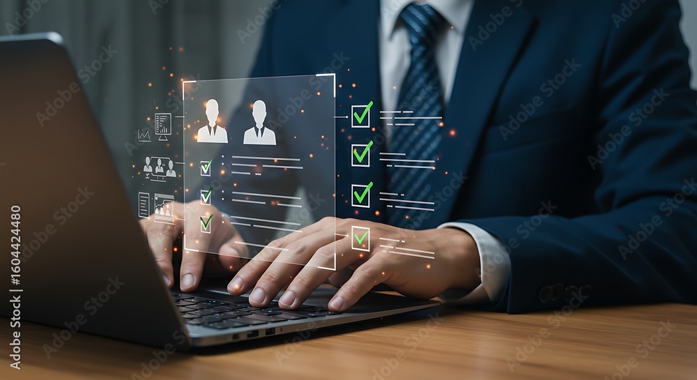 Poster businessman uses laptop to manage candidate selection process on a digital interface with checklists