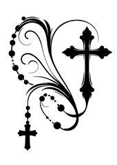 Elegant black cross and rosary beads with floral swirls on white background